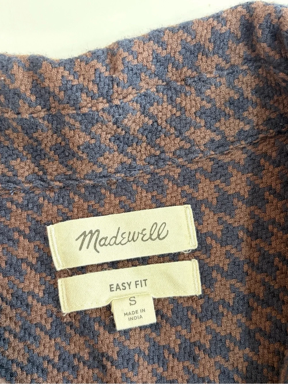 Madewell Men’s Brown & Navy Houndstooth Button-Up Shirt Jacket Small Easy Fit